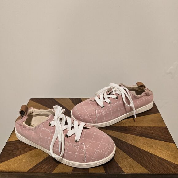 Spenco Canvas Sneakers Womens 7 D Slip On Orthotic Shoes Windowpane Pink Spring - Picture 1 of 13